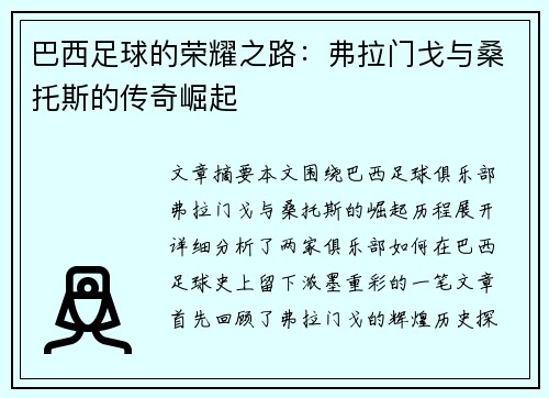 巴西足球的荣耀之路：弗拉门戈与桑托斯的传奇崛起